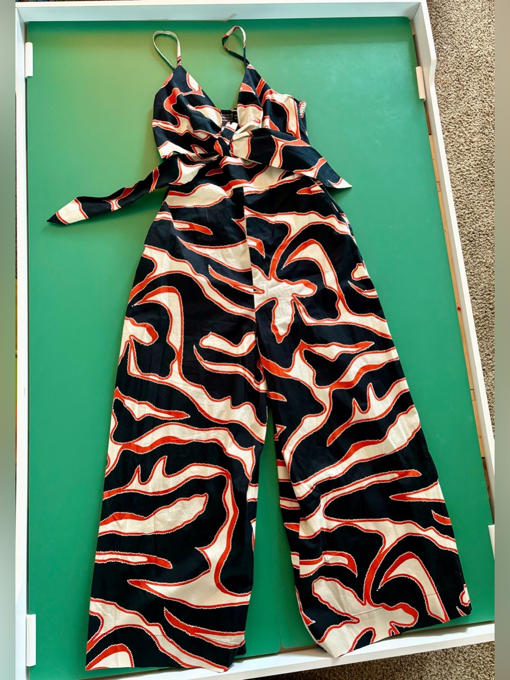Express Women Size XS Black Cream & Orange/Red Cutout Front Wide Leg Jumpsuit
